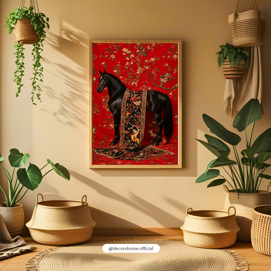 Black Horse & Red Floral Tapestry Poster | Elegant Vintage Horse Wall Art | Luxury Decor | Decorxhom