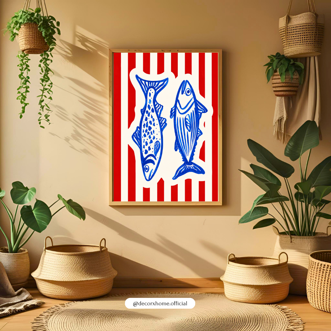 Blue Coastal Fish Line Art Poster | Scandinavian Nautical Wall Art | Decorexhome