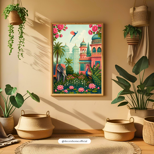 Royal Indian Garden Palace Wall Art Poster | Elephant & Peacock Traditional Artwork | Vibrant Cultural Print | Decorexhome