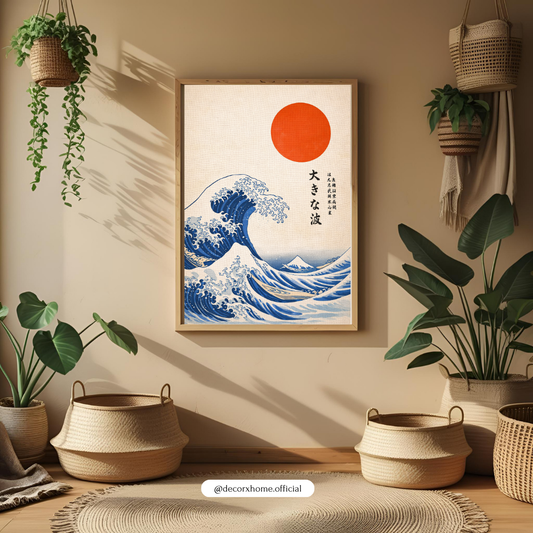 Japanese Great Wave Wall Art Poster – Vintage Ukiyo-e Ocean & Rising Sun Design | Decorxhome