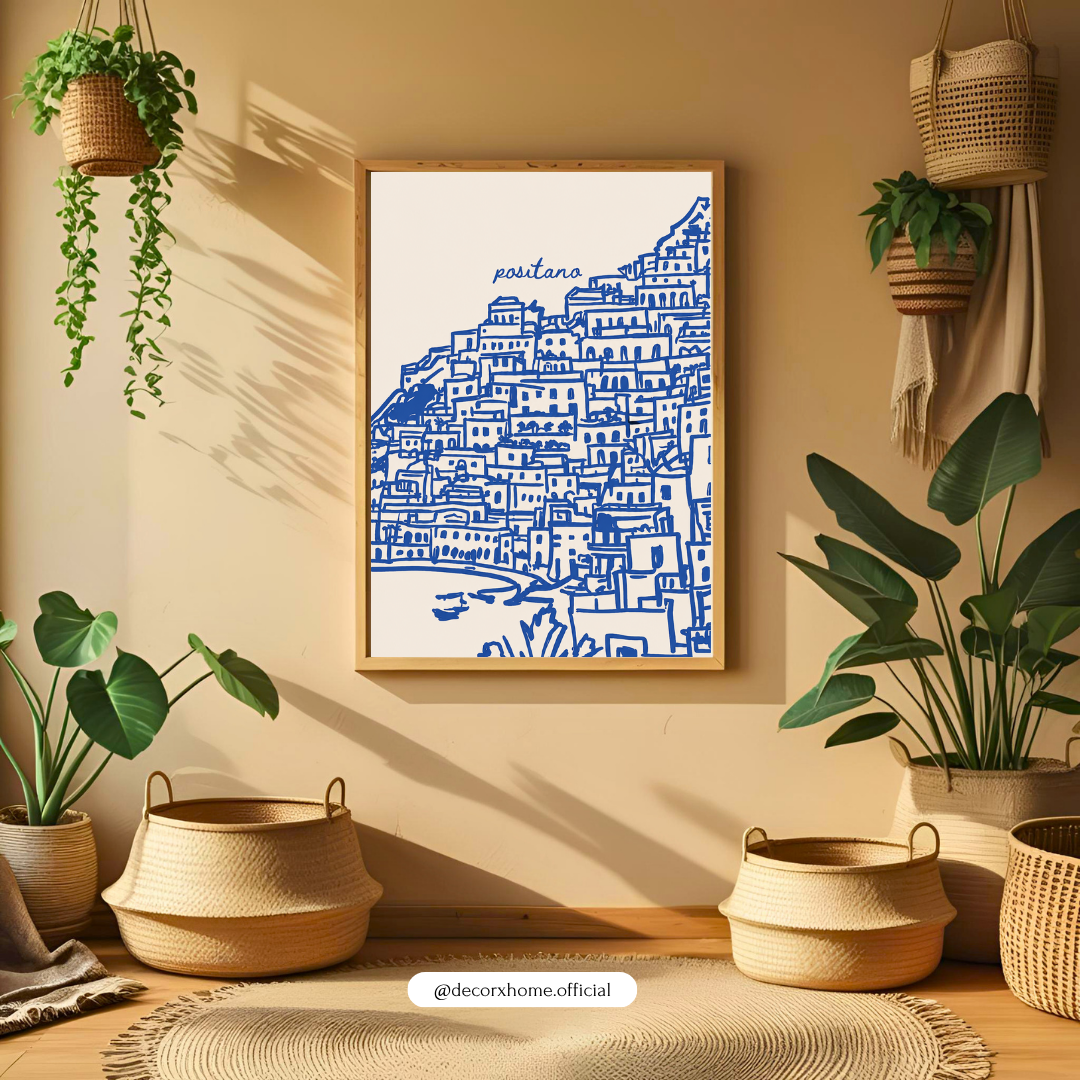 Positano Minimal Line Art Poster | Blue Coastal City Sketch Wall Art by DecorxHome