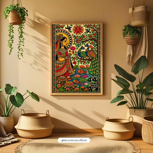 Decorxhome Traditional Madhubani Folk Art Poster | Indian Heritage Wall Art | Peacock & Lotus Artwork | Colorful Cultural Canvas Print