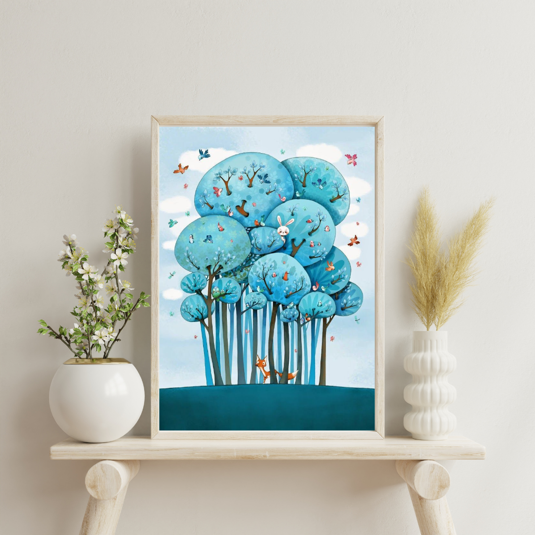 Enchanted Blue Forest Framed Poster | Whimsical Nature Art Wall Décor by Decorxhome