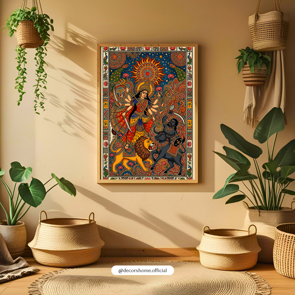 Goddess Durga Traditional Folk Art Wall Poster | Vibrant Indian Spiritual Decor