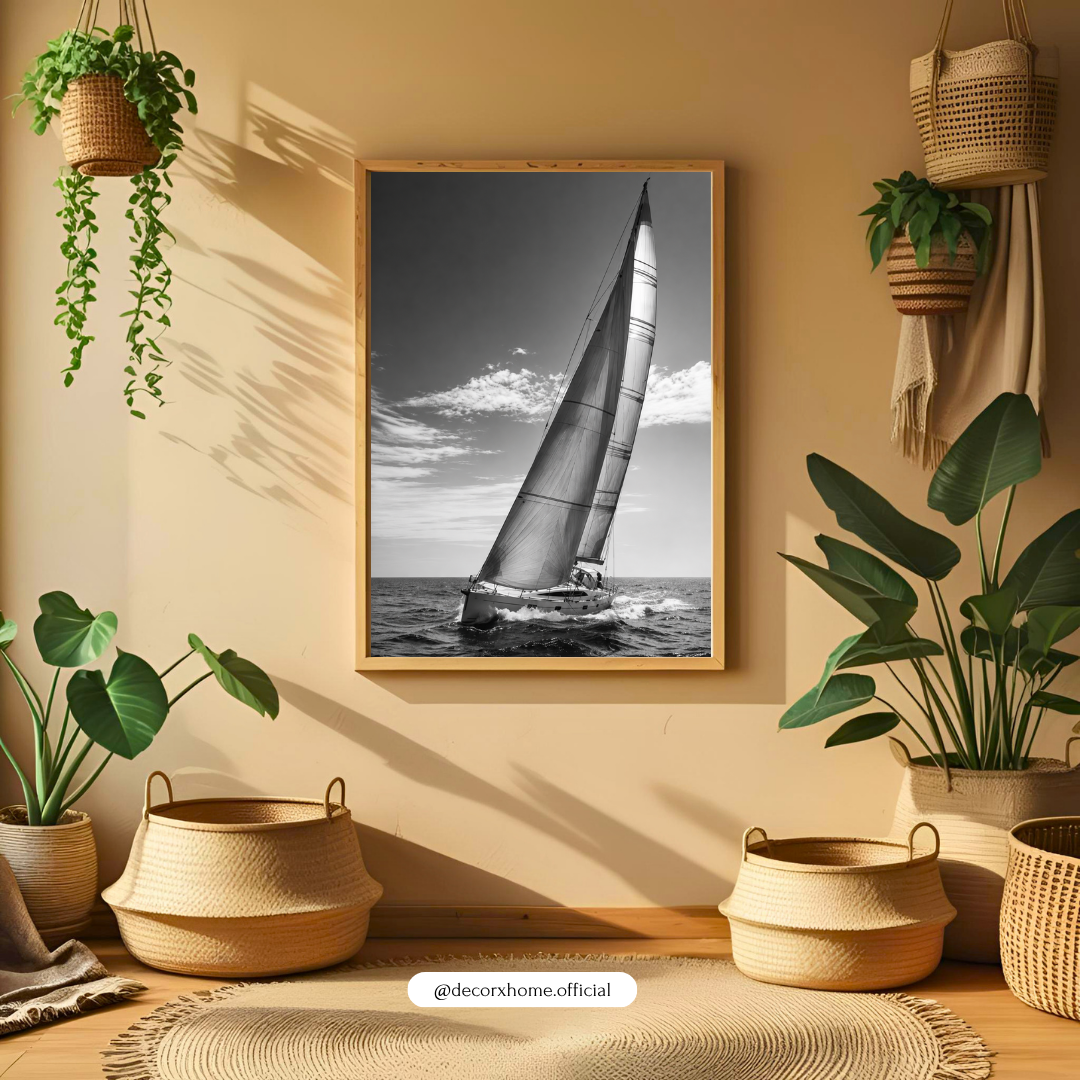 DecorexHome Black & White Sailing Yacht Wall Art Poster | Nautical Ocean Photography Decor