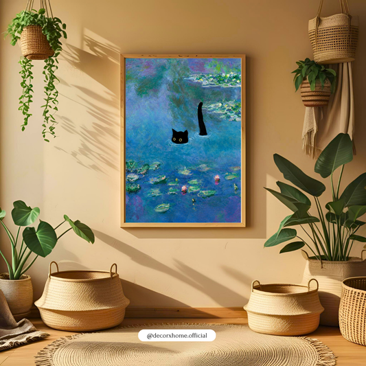 Black Cat Water Lily Poster | Dreamy Impressionist Wall Art Print | Artistic Cat Decor | Decorexhome