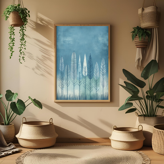 Tranquil Blue Forest – Framed Boho Wall Art Print for Home & Office Decor