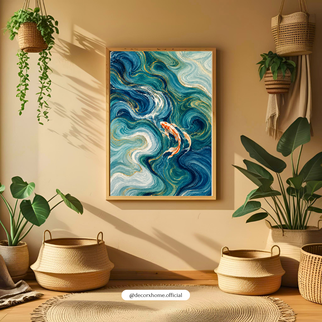 Abstract Koi Fish Wall Art | Blue Ocean Waves Painting Poster | Modern Home Decor | Decorxhome