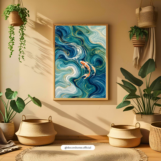 Abstract Koi Fish Wall Art | Blue Ocean Waves Painting Poster | Modern Home Decor | Decorxhome