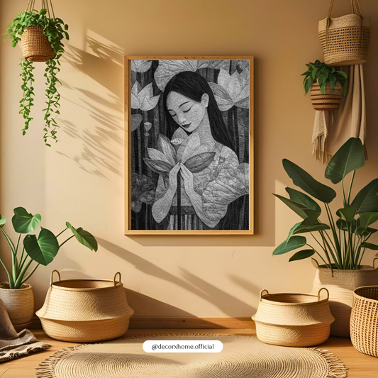 "Lotus Serenity – Artistic Wall Poster" 🌸 in Black & White Edition