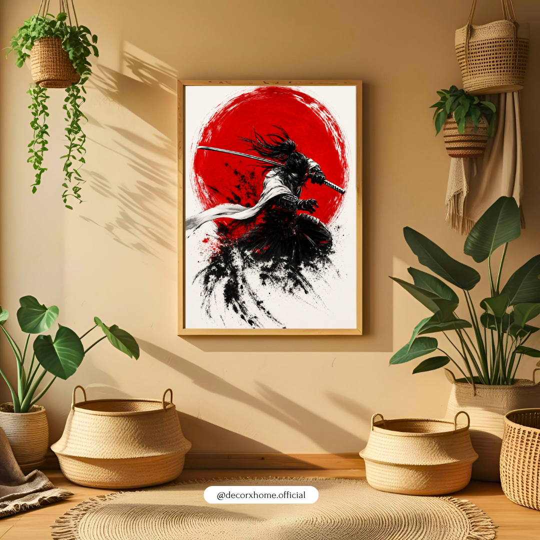 Crimson Eclipse Samurai Poster – Japanese Ink Art Wall Decor