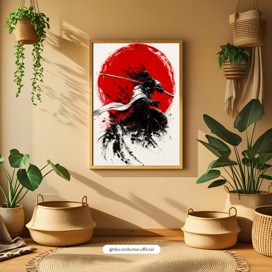 Crimson Eclipse Samurai Poster – Japanese Ink Art Wall Decor