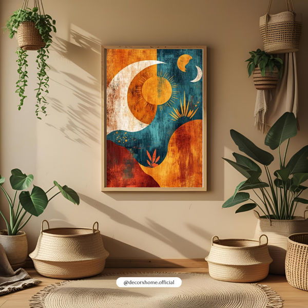 Abstract Sun & Moon Boho Wall Art Poster – Vintage Cosmic Landscape Illustration | Decorxhome
