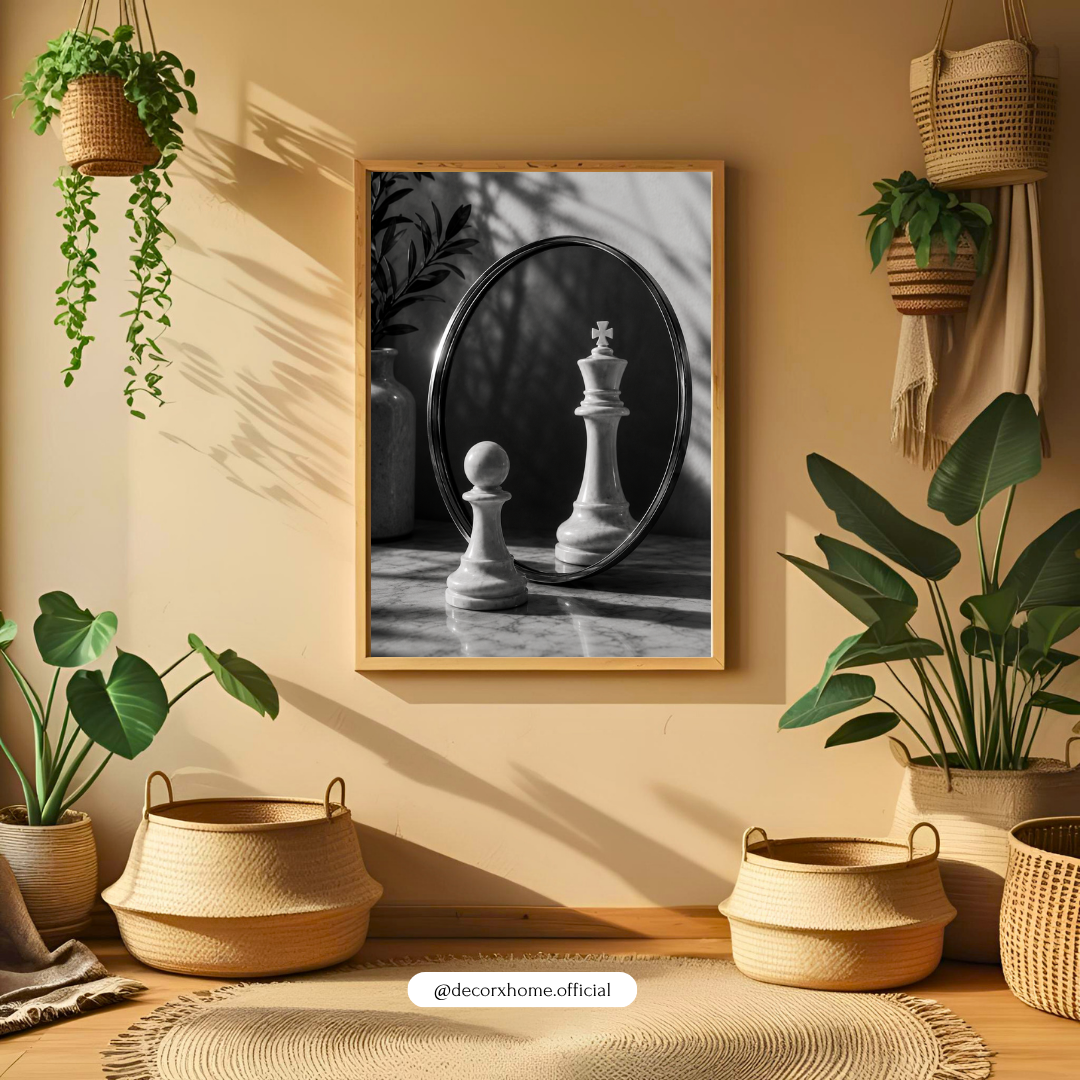Chess King & Pawn Mirror Art – Minimalist Black & White Strategy Poster | Decorexhome
