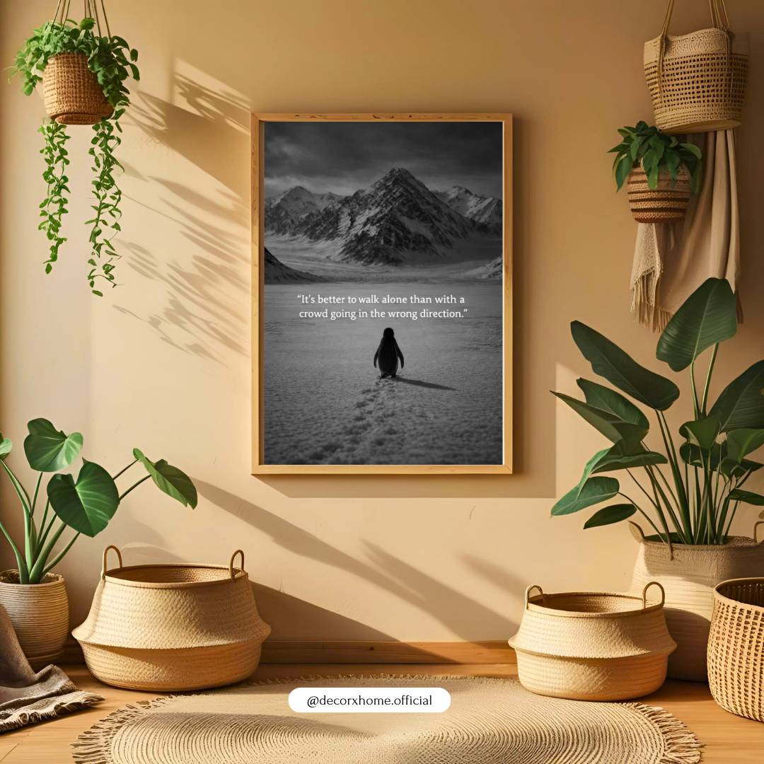 Walk Alone Motivational Poster | Minimalist Penguin Quote Wall Art | Decorxhome