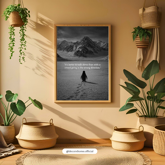 Walk Alone Motivational Poster | Minimalist Penguin Quote Wall Art | Decorxhome