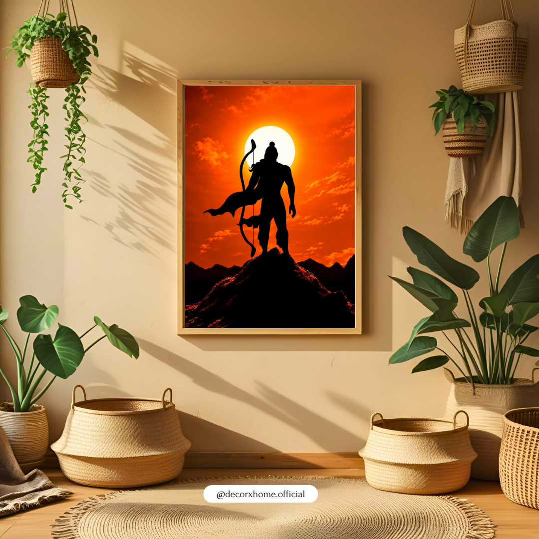 Lord Hanuman Silhouette Wall Art | Divine Orange Sunset Hindu God Poster | Spiritual & Devotional Wall Decor | Decorexhome