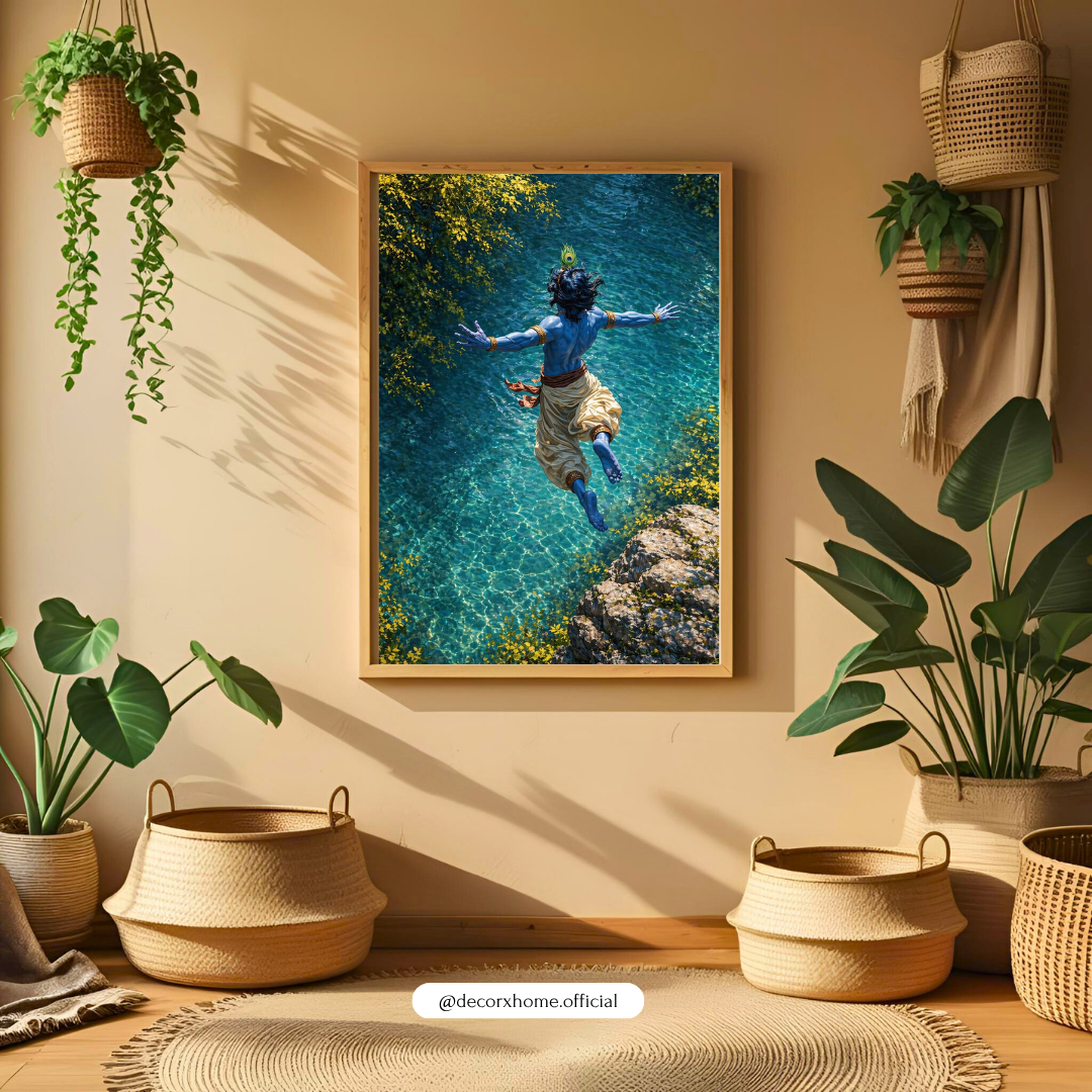 Krishna Divine Leap Wall Art Poster – Spiritual Nature Aesthetic Painting | Decorxhome
