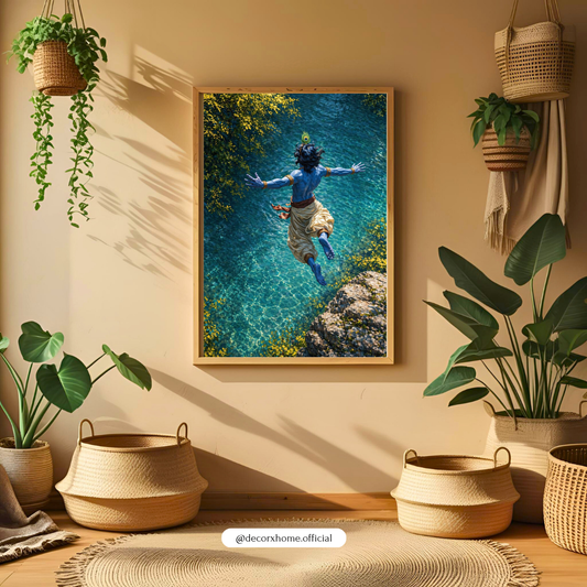 Krishna Divine Leap Wall Art Poster – Spiritual Nature Aesthetic Painting | Decorxhome