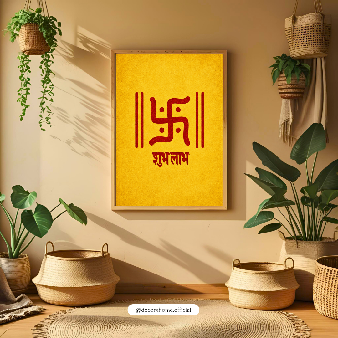Shubh Labh Swastika Poster | Auspicious Hindu Symbol Wall Art for Home Entrance & Pooja Room | Decorxhome