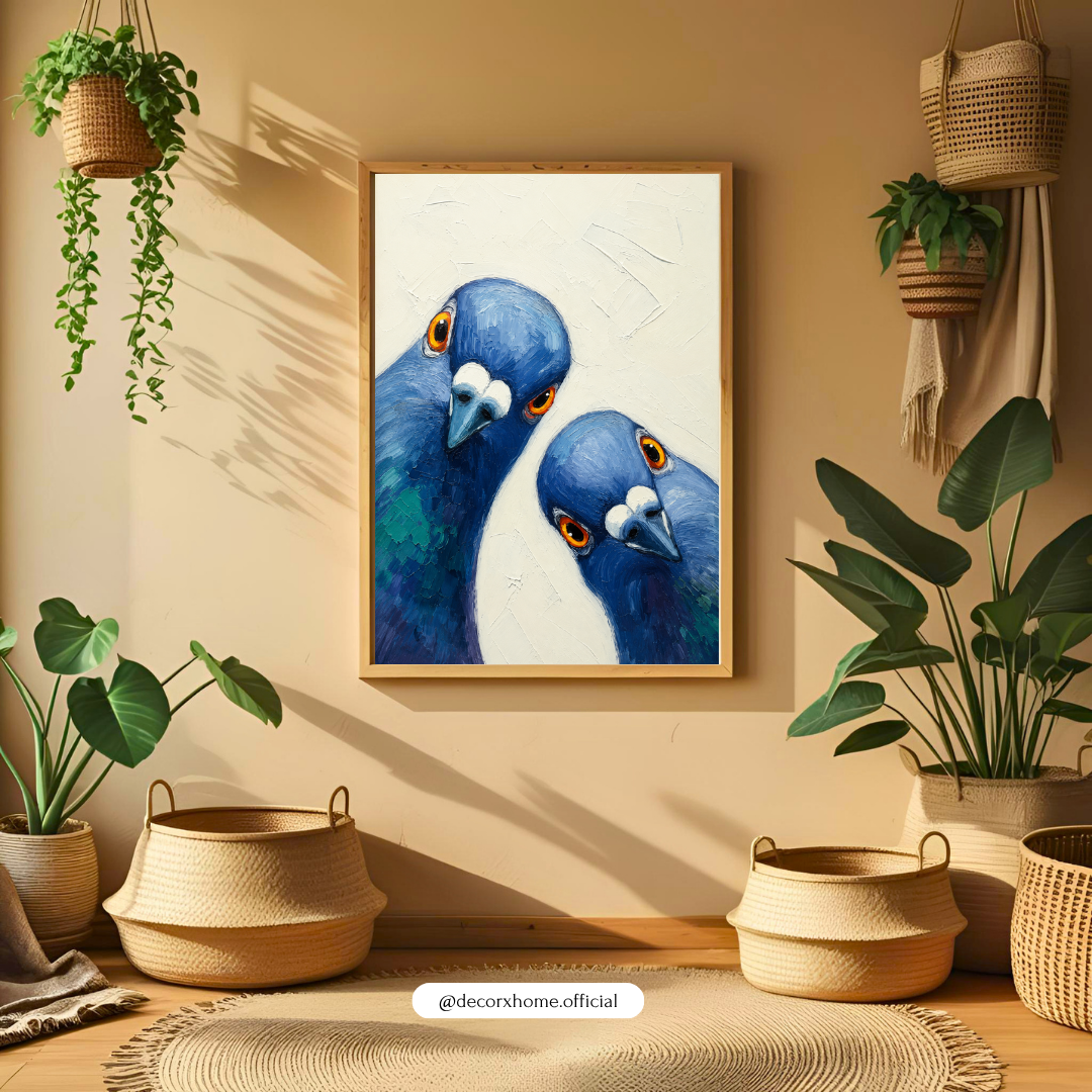 Curious Blue Pigeons Poster | Whimsical Animal Wall Art by DecorxHome