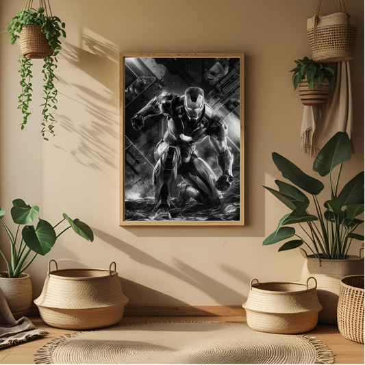 🤖 Iron Man Wall Poster 🖼️ | Black & White Superhero Art ⚡