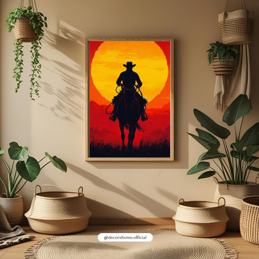 Lone Rider at Sunset – Western Silhouette Wall Poster by Decorxhome