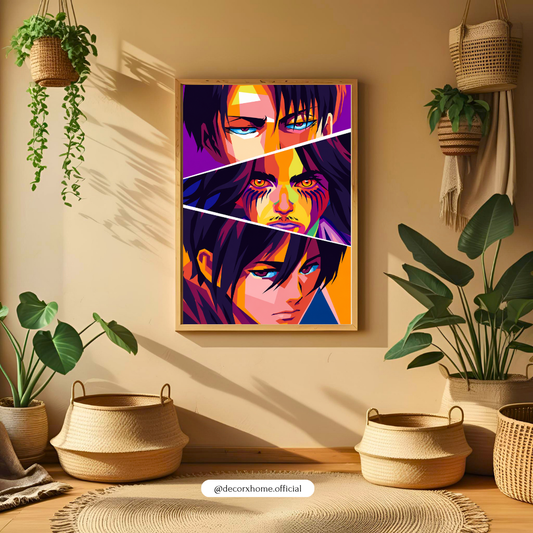 Attack on Titan Levi, Eren & Titan Pop Art Poster | Vibrant Anime Wall Art Print | Decorxhome
