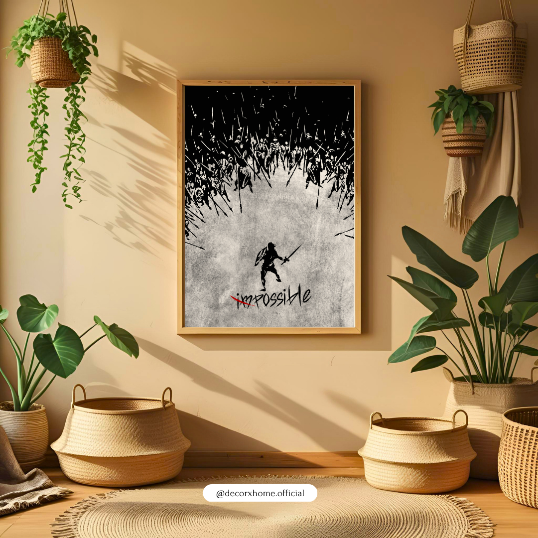 DecorexHome “Impossible” Warrior Motivation Poster | Minimal Black & White Inspirational Wall Art | Spartan Battle Artwork | Modern Mindset Decor