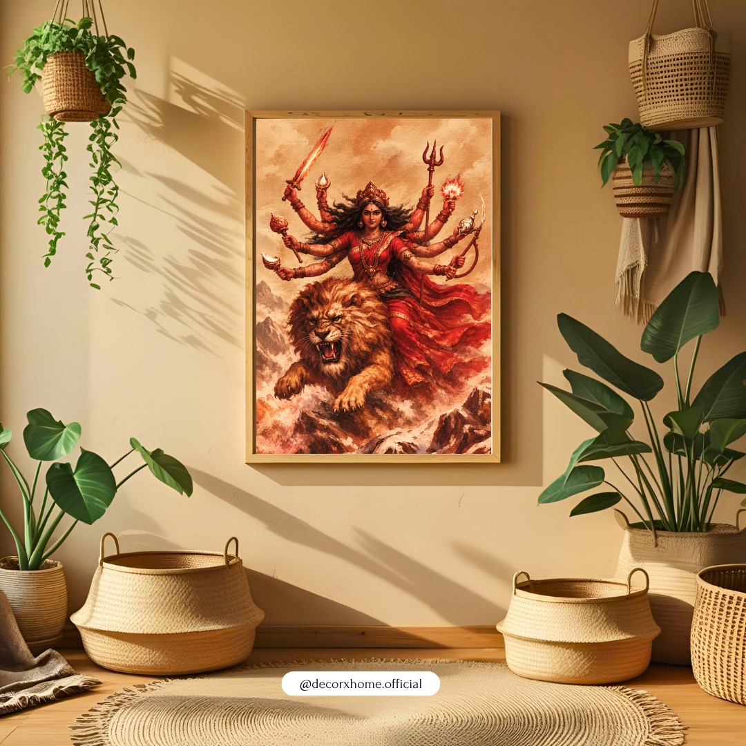 Goddess Durga with Lion Wall Art | Maa Durga Poster & Framed Artwork