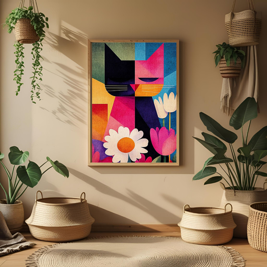 Geometric Cat & Floral Wall Art – Framed Modern Art Print for Living Room, Bedroom & Office