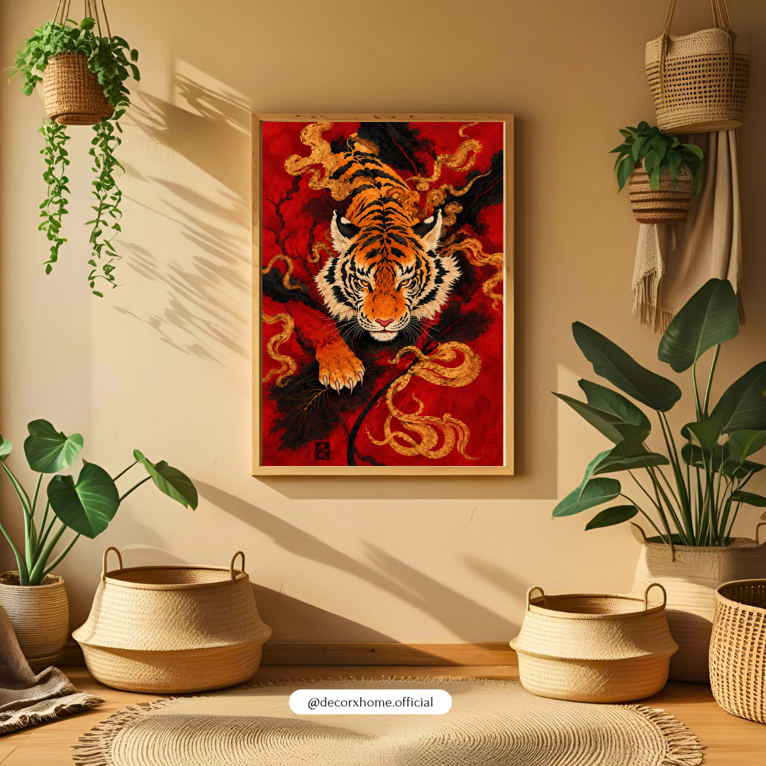 Decorexhome Fierce Tiger Poster | Japanese-Inspired Red Tiger Wall Art | Golden Tiger & Dragon Artwork
