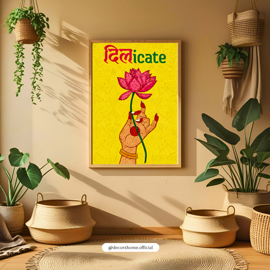 Decorexhome Delicate Lotus Poster | Indian Traditional Floral Wall Art | Hand Holding Lotus Artwork | Vibrant Yellow Botanical Décor | Artistic Wall Décor