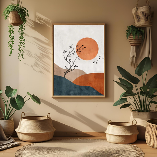 Boho Tree & Sunset Wall Art with Frame – Minimalist Nature-Inspired Decor for Living Room, Bedroom & Office