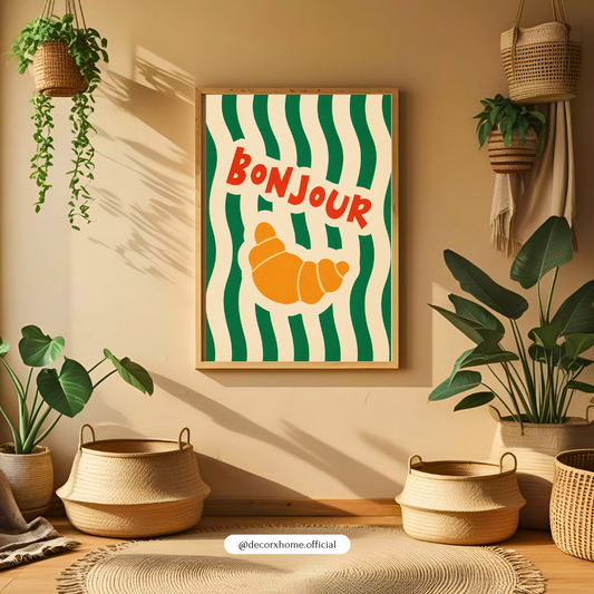 Bonjour Croissant Wall Art Poster | Retro French Café Aesthetic Print | Minimal Boho Kitchen Artwork | Decorexhome