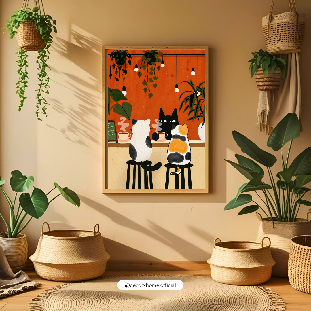 Cute Cat Café Wall Art Poster – Aesthetic Cartoon Animal Print | Cozy Kitchen & Living Room Decor (Framed)