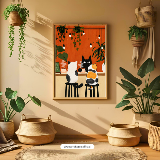 Cute Cat Café Wall Art Poster – Aesthetic Cartoon Animal Print | Cozy Kitchen & Living Room Decor (Framed)