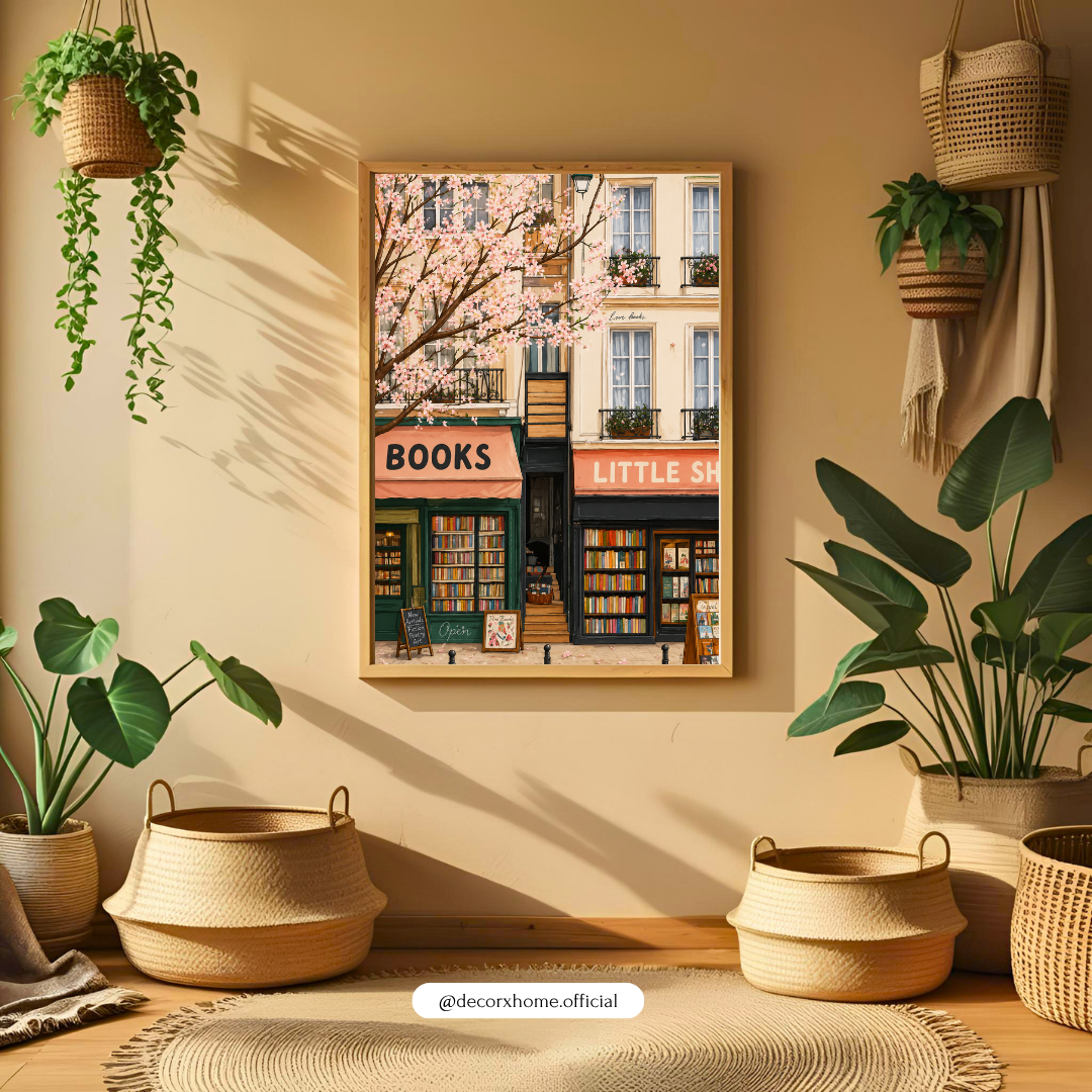 Little Bookshop in Bloom Poster – Springtime Literary Street Wall Art
