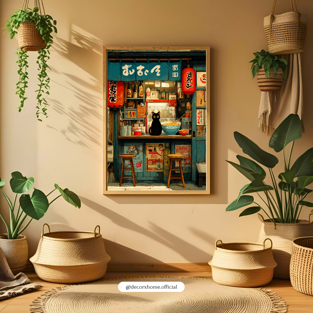 Japanese Ramen Shop & Black Cat Aesthetic Wall Art