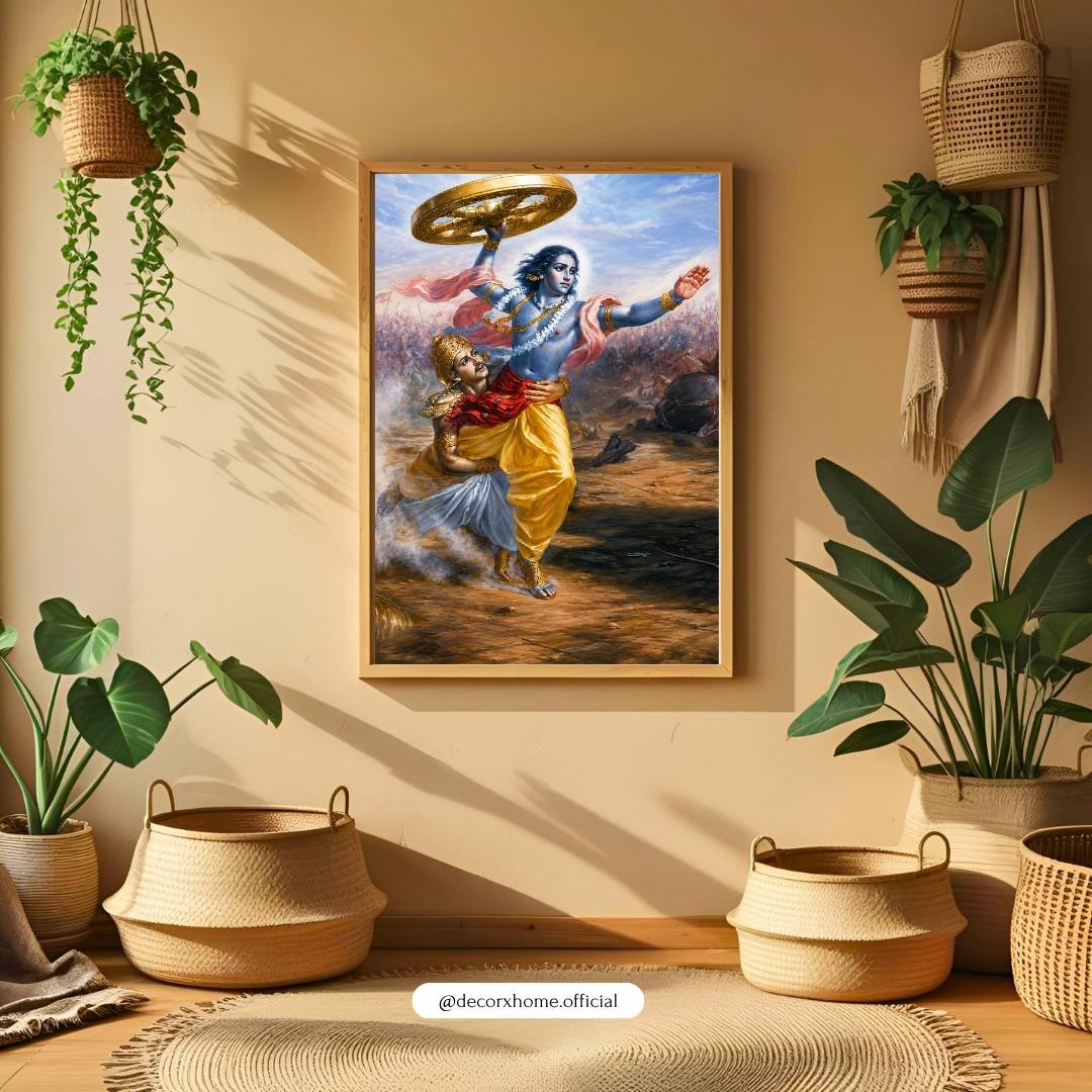 Lord Krishna Protecting Arjuna Wall Art Poster | Mahabharata Divine Warrior Canvas Print