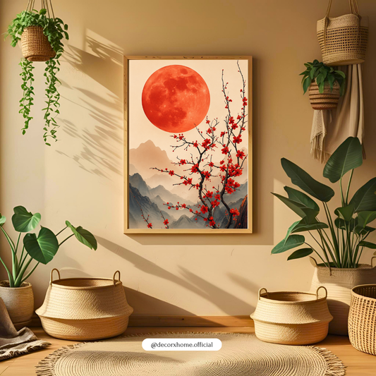 Red Moon Sakura Landscape Wall Art Poster | Japanese Zen Nature Decor