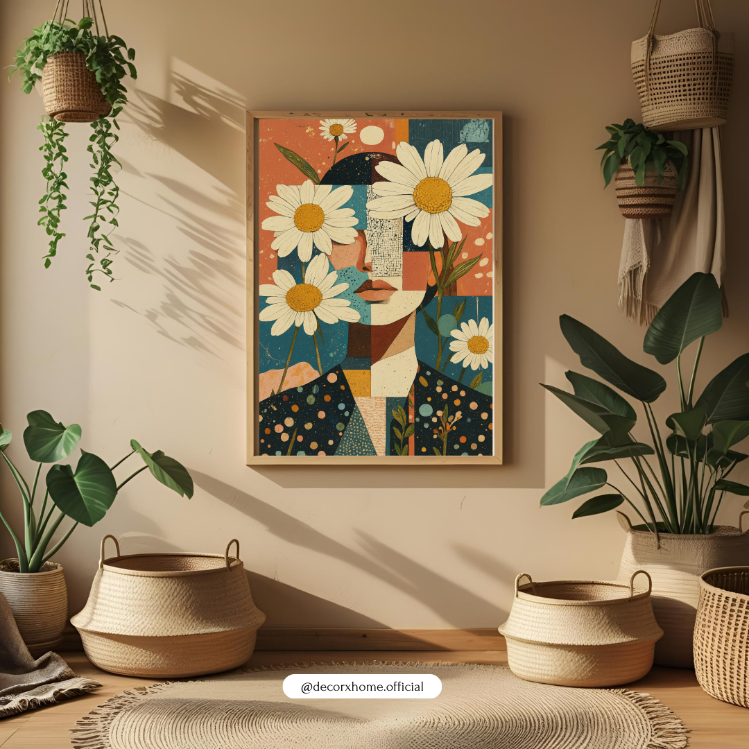 Floral Abstract Woman Poster – Daisy Face Modern Aesthetic Wall Art