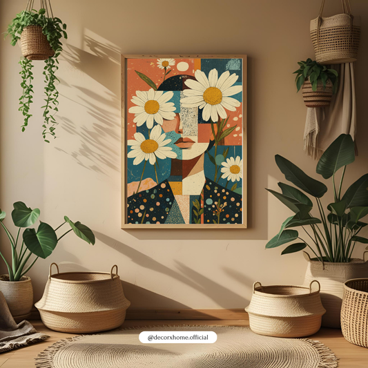 Floral Abstract Woman Poster – Daisy Face Modern Aesthetic Wall Art