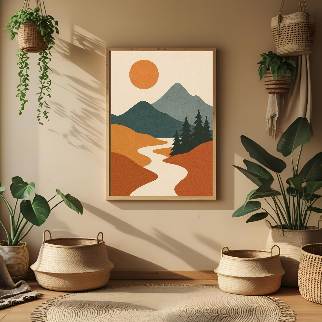 Boho Mountain Landscape Wall Art with Frame – Minimalist Nature Print for Modern Living Room, Bedroom & Office Decor