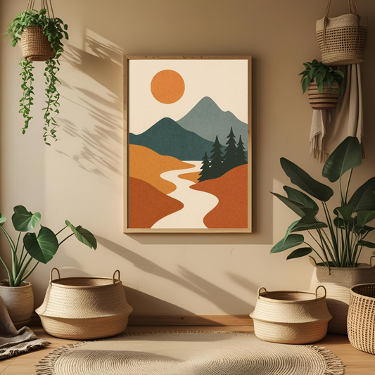 Boho Mountain Landscape Wall Art with Frame – Minimalist Nature Print for Modern Living Room, Bedroom & Office Decor