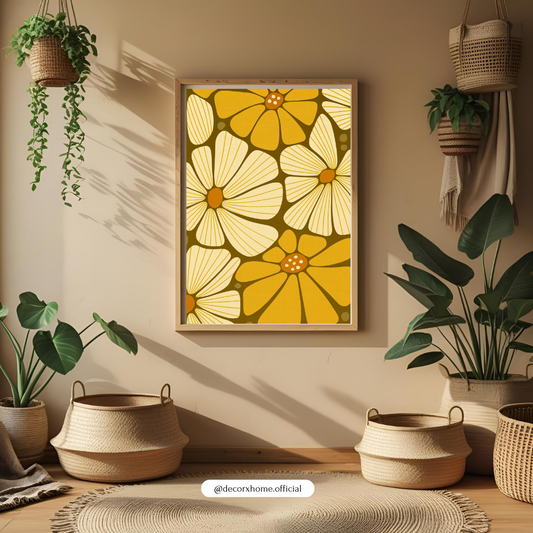 Golden Retro Floral Poster – Vintage-Inspired Aesthetic Wall Art