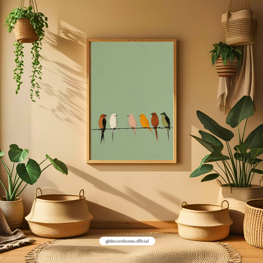 Minimal Birds on Wire Wall Art Poster | Scandinavian Nature Aesthetic Print | Modern Pastel Bird Artwork | Decorexhome