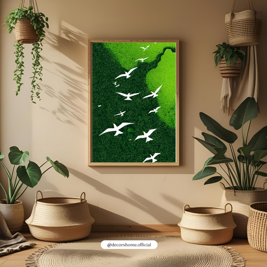 Soaring Birds Over Green Valley – Minimal Nature Wall Poster by Decorxhome