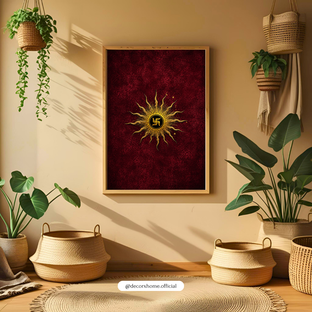 Sacred Golden Sun Swastika Poster | Auspicious Hindu Spiritual Wall Art on Crimson Red Background | Decorxhome