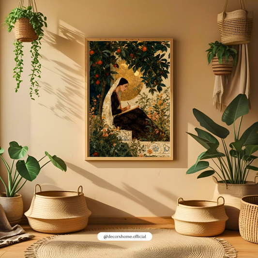 Royal Muse in Garden – Vintage Indian Woman Reading Wall Art Poster | DecorxHome